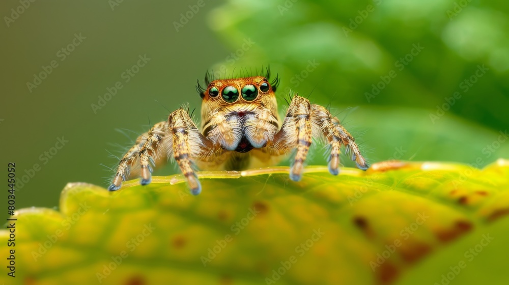 Poster A macro shot of a tiny jumping spider, its large eyes and agile movements capturing the curiosity of nature enthusiasts.