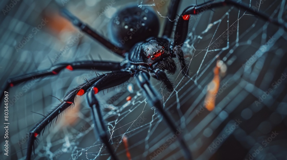Poster A macro shot of a venomous black widow spider resting on its intricate web, its red hourglass marking serving as a warning to potential predators.