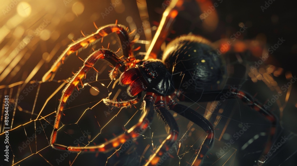 Poster A macro shot of a venomous black widow spider resting on its intricate web, its red hourglass marking serving as a warning to potential predators.