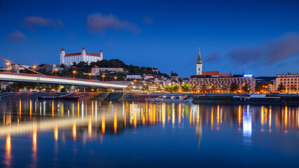 Bratislava, Slovakia. Cityscape image of Bratislava, capital city of Slovakia at twilight blue hour.