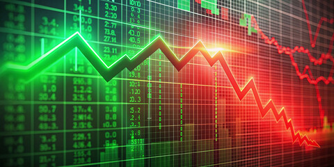 abstract background stock exchange bankrupt, loss chart and bad news, red and green tones