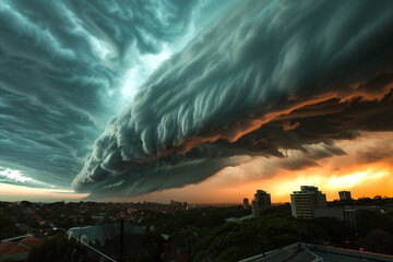 A striking view of a storm front approaching, with billowing clouds and an ominous atmosphere.
