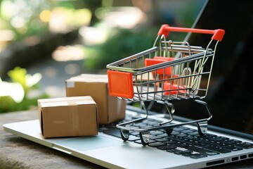 Miniature shopping cart on laptop keyboard with small cardboard boxes outdoors in garden