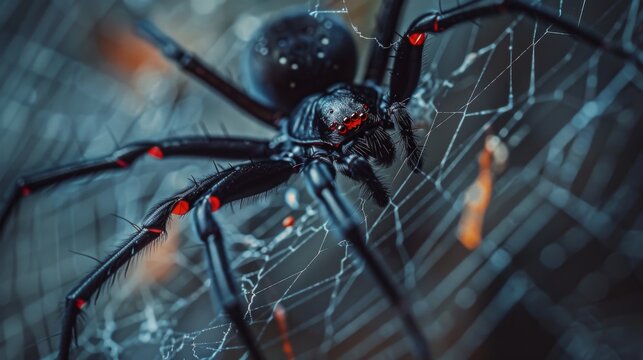 A macro shot of a venomous black widow spider resting on its intricate web, its red hourglass marking serving as a warning to potential predators.