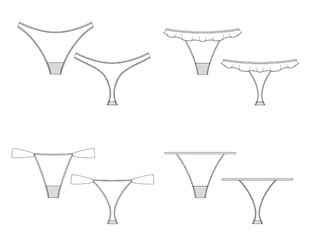Set of 4 womenswear lingerie bottoms / Thong flat sketch / Women's underwear template / Fashion technical drawing for tech sheets
