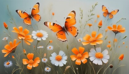 Delicate wildflowers and orange butterflies painted with oil paints for living room print , vintage art decoration created with generative ai	