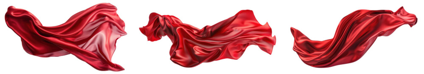Red long silk or satin fabric floating in the air, transparent or isolated on white background