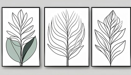 Modern set of botanical wall art. Line art drawing with abstract shape. Abstract Plant Art design for wall framed prints, canvas prints, posters, home decor, covers, wallpapers generative ai