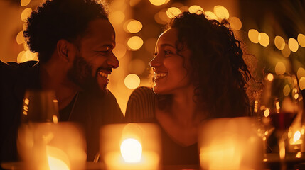A couple sharing a romantic dinner by candlelight, soft music playing in the background, capturing the ambiance and romance of an intimate meal shared between two people deeply in love.