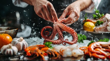 A professional chef prepares assorted seafood - octopus, shrimp and pieces of red fish. Seafood in frozen flight on a black background. Sea food. Healthy food, vegetarian food. - Powered by Adobe