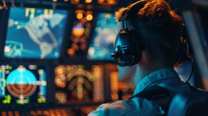 A pilot communicating with air traffic control via satellite link for safe navigation and flight coordination in remote airspace.
