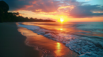 A breathtaking natural landscape, like a vibrant sunset or tranquil beach, evokes awe and wonder. Captures nature's beauty and tranquility, inspiring happiness and appreciation.