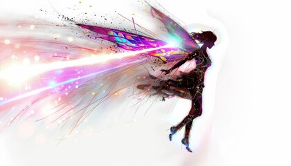 A young woman with butterfly wings flies through the air. She is surrounded by a rainbow of colors. The background is white.