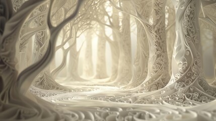 An ethereal moonlit forest, with delicate white trees and a soft, glowing path leading into the distance