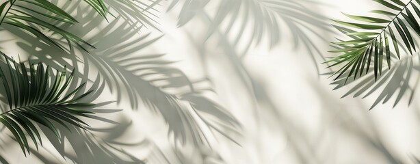 Palm Leaves Shadow on White Background, Tropical Vibe, Space for Text