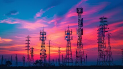 Fototapeta premium A row of cell phone signal towers against a colorful sunset, symbolizing connectivity and communication in remote areas.