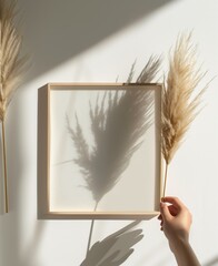 Female Hand Holding Wooden Frame, Top View, White Wall