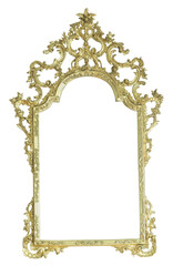 Old ornate gold picture frame isolated on white background. Aged golden items concept. Beautiful...