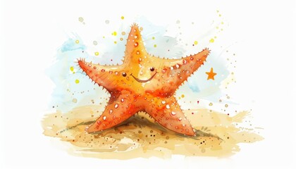 A watercolor painting of a smiling starfish on the beach