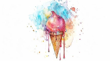 A watercolor painting of a melting ice cream cone. The cone is brown and the ice cream is pink. The ice cream is melting and dripping down the cone. The background is white.