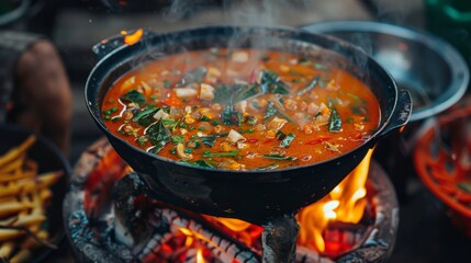 A rustic outdoor setting with a pot of simmering tom yum goong soup over an open fire, adding to the ambiance of a Thai street food scene.