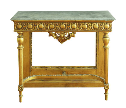 Old ornate gold table desk with frame isolated on white background. Aged golden items concept. Beautiful piece of luxury past. 