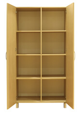 Open empty wooden wardrobe closet cabinet furniture with shelves. Modern home concept design. 