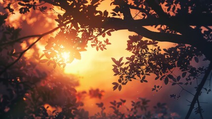 A serene sunrise illuminating the silhouette of tree branches, casting long shadows and painting the sky with warm hues.