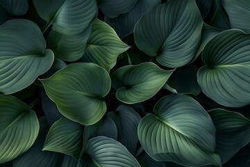Top View of Lush Green Foliage on Dark Background, Abstract Nature Concept