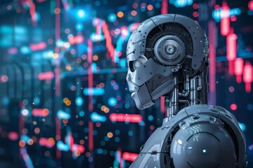 Fototapeta premium A robot is standing in front of a large screen with a lot of data on it. The robot is looking at the data and thinking about what it means.