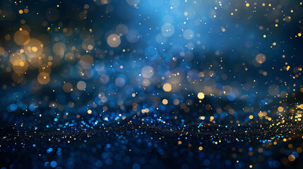 Blue and gold glitter pieces. Small pieces of glitter particles and dust on the dark floor. Bokeh background. Generative AI