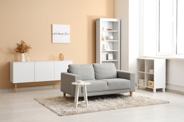 Stylish interior of modern living room with sofa and table near window