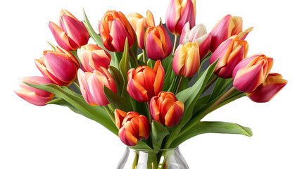 A Dutch tulip bouquet in a vase on a transparent background. PNG format, This PNG file, with an isolated cutout object on a transparent background. 