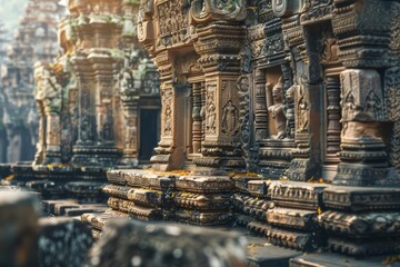Fototapeta premium An ancient temple, carved with intricate details and surrounded by lush vegetation, stands as a testament to the passage of time and the power of nature.