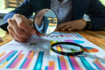 businessman analyzing printed documents with colorful charts and graphs using magnifying glass data analysis concept photo