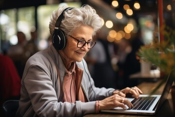 Elderly woman enjoying music while working on laptop