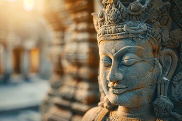 A beautiful stone carving of a deity with a serene expression on its face. The carving is set against a backdrop of ancient ruins, with sunlight filtering through the trees.