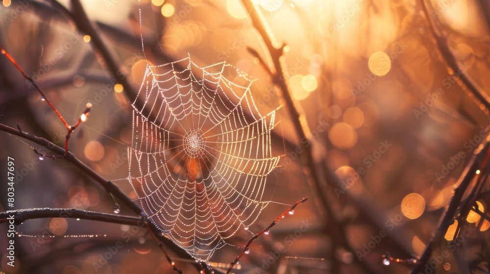 Poster a spider weaving its intricate web between wooden branches, glistening with dewdrops in the soft lig