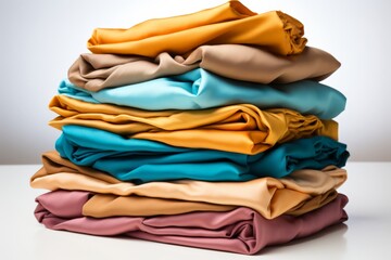 Stack of colorful folded fabrics on white background