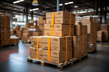 Cardboard boxes stacked on pallet in warehouse