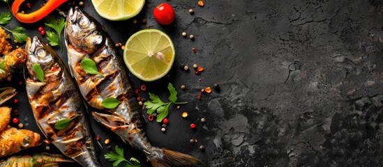 Grilled mackerel fish topped with lime, set against a black backdrop with copy space, alongside fried fish and vegetables.