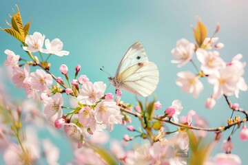 butterfly perched branch cherry blossom tree delicate pink flowers full bloom soft blue sky spring springtime nature beauty  - Powered by Adobe