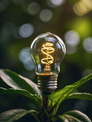 Paint an image of a light bulb positioned on a verdant leaf, evoking the concept of sustainable energy and environmental stewardship.