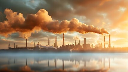 Factory Smokestacks Emitting Harmful Pollution into the Environment. Concept Air Pollution, Industrial Waste, Environmental Impact, Climate Change, Health Risks