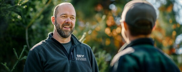 Handsome mature contractor business owner outdoor landscape construction, plumbing, electrician worker talking to a crew employee customer on a job site, project details communication