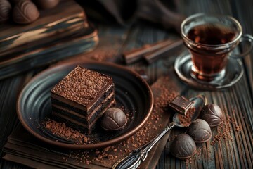 chocolate truffle cake cocoa powder tea black wooden table indulgent dessert moody food photography still life dark digital illustration  - Powered by Adobe