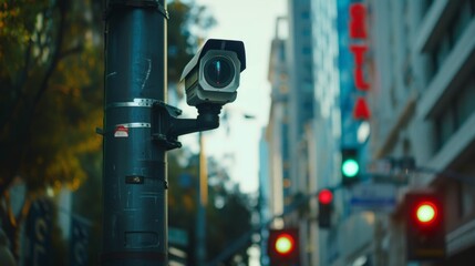 A surveillance camera mounted on a traffic light pole, assisting law enforcement in monitoring traffic flow and safety on city streets.