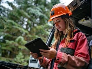Professional female landscape arborist technician using a tablet to provide a quote on the construction outdoor job site, green service industry worker integrating with technology customers happy
