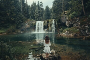 A woman stands on a rock near a waterfall