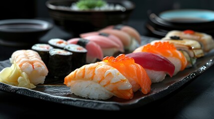 A plate of sushi, including pieces of shrimp, salmon, and tuna, sits on a black table.